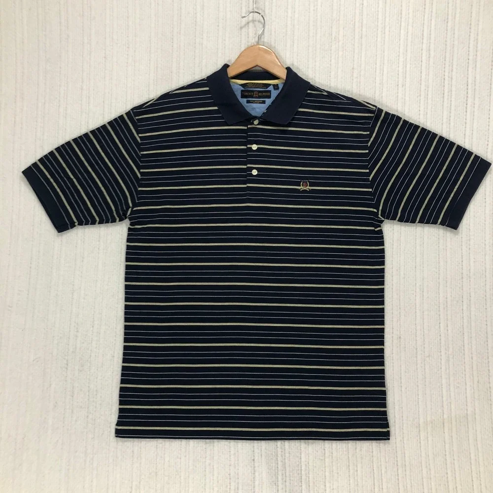 Tommy Hilfiger Golf Mens Polo Shirt Navy Blue Striped Mercerized Cotton Large - Picture 3 of 8
